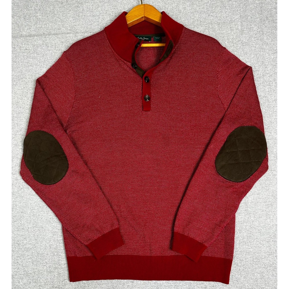 Bobby Jones Henley Sweater XL Red Birdseye Extra Fine Merino Wool Elbow Patches